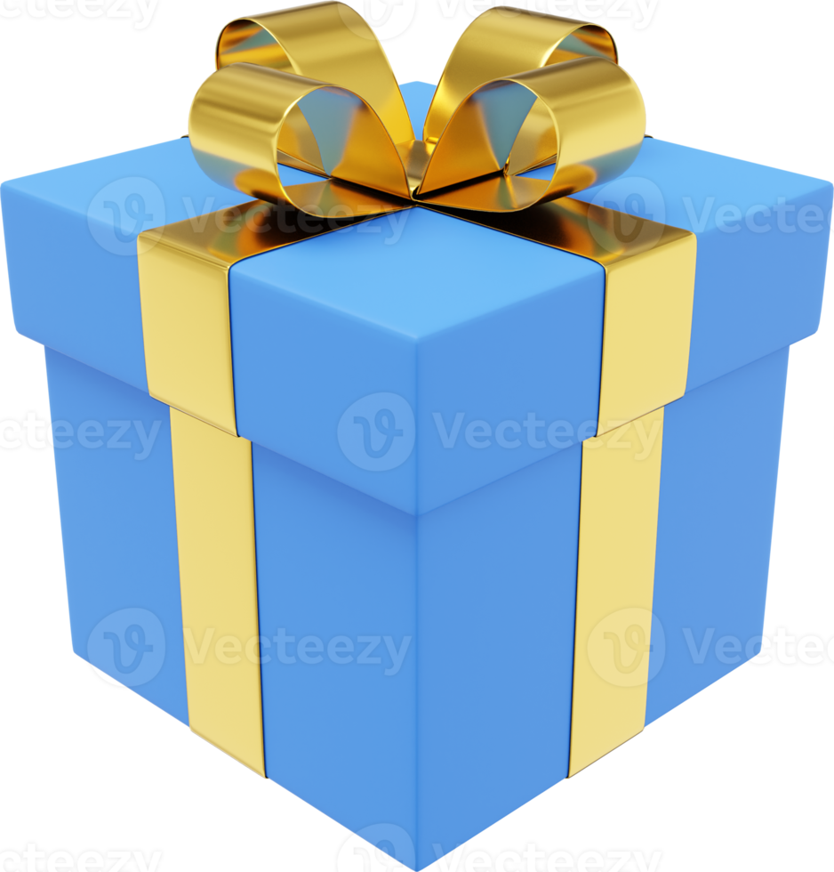 Realistic blue gift box with ribbon. 3D rendering. PNG Icon on transparent background.