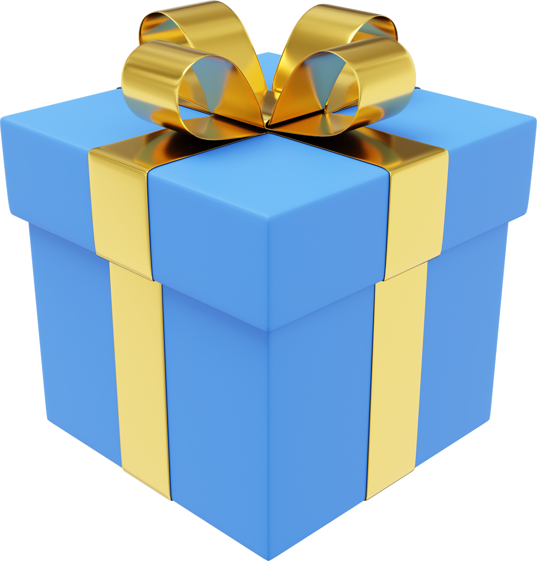 Realistic blue gift box with ribbon. 3D rendering. PNG Icon on