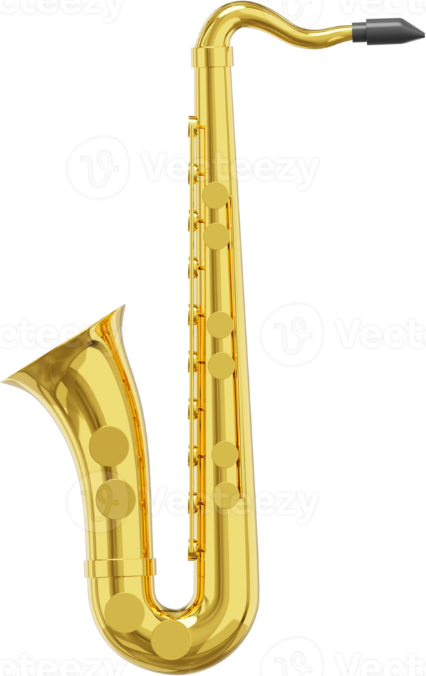 Saxophone gold metal, musical instrument. 3d rendering. PNG icon on transparent background.