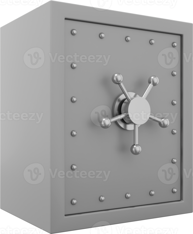 Retro safe with wheel handles. Gray close storage. PNG icon on transparent background. 3D rendering.