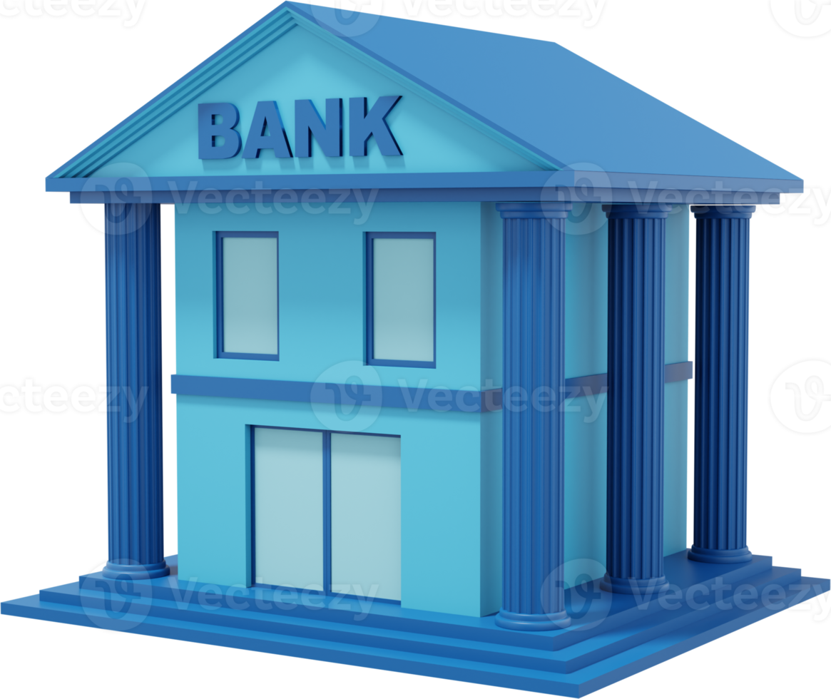 Bank office building is blue. PNG icon on transparent background. 3D rendering.