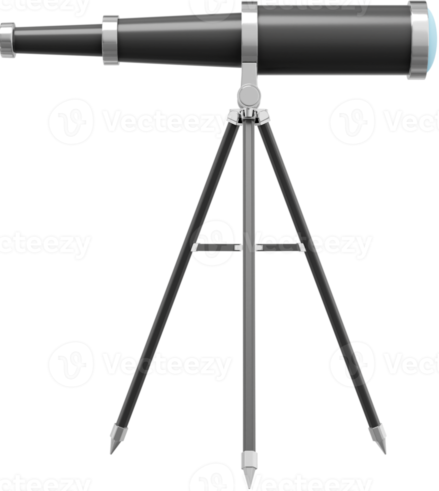 Realistic black telescope, side view. 3d rendering. PNG icon on transparent background.