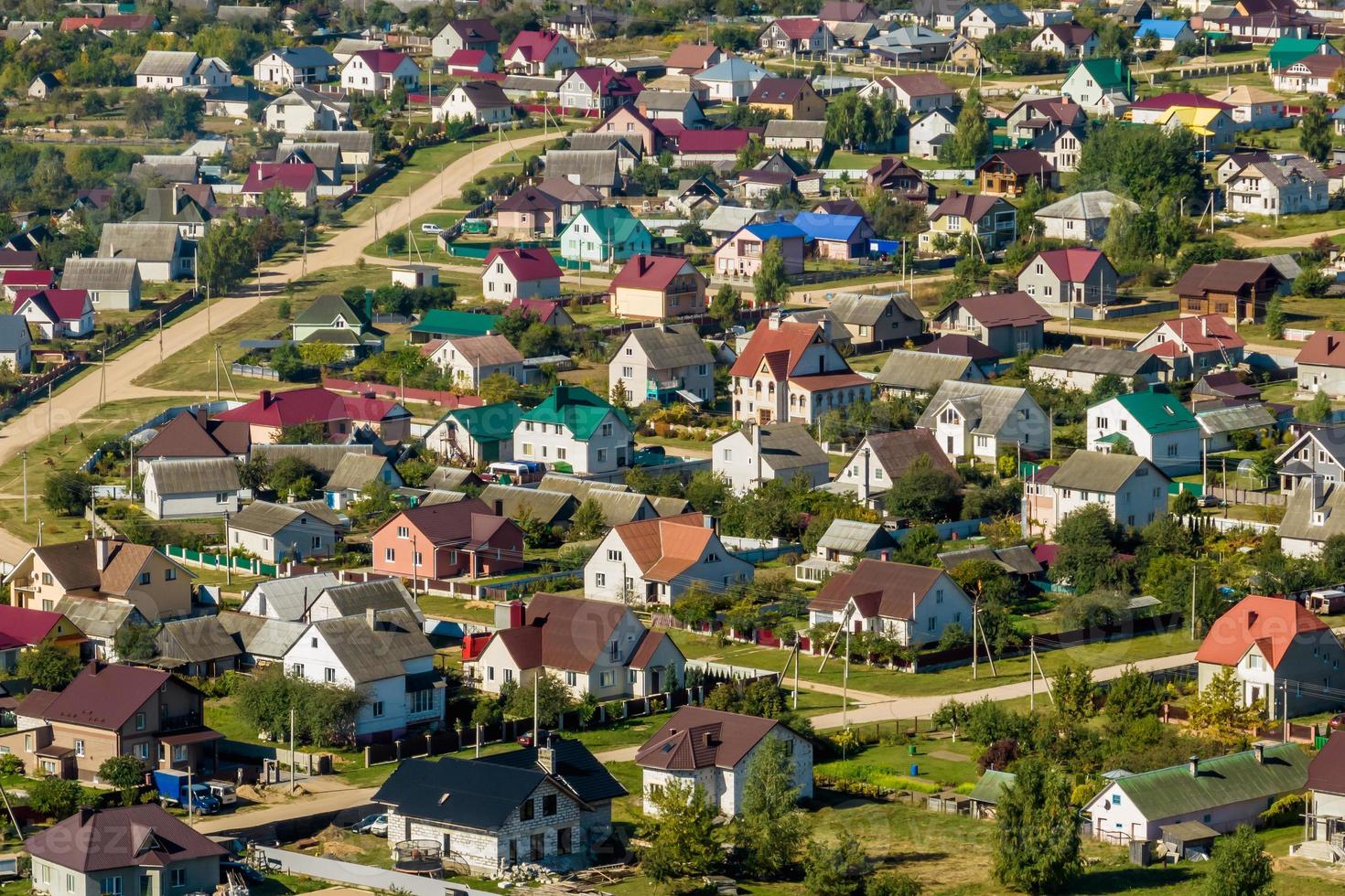 vista aérea panorámica del desarrollo privado con casas de campo o pueblo foto