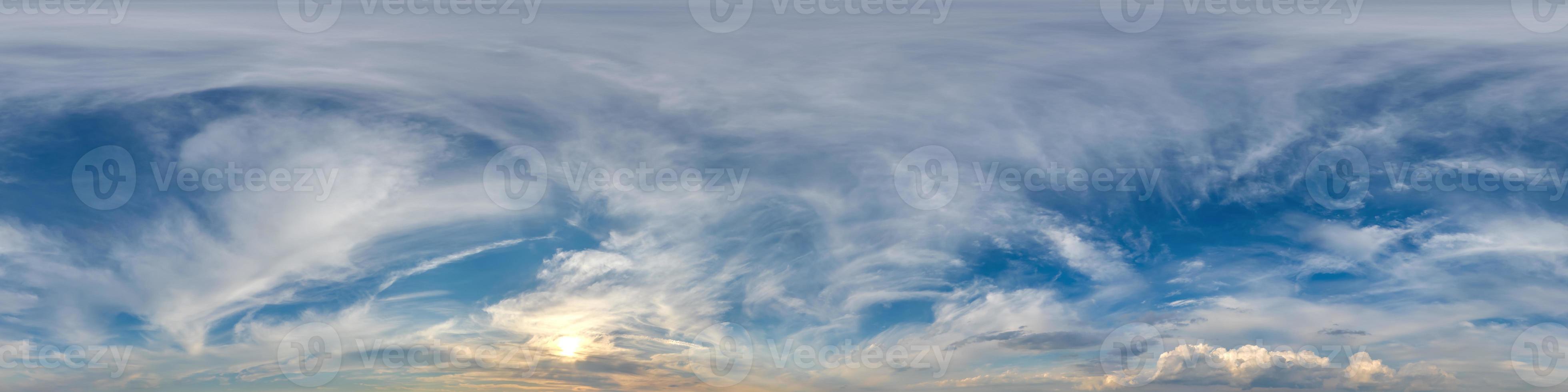 evening dark blue sky hdr 360 panorama with white beautiful clouds in seamless projection with zenith for use in 3d graphics or game development as sky dome or edit drone shot for sky replacement photo