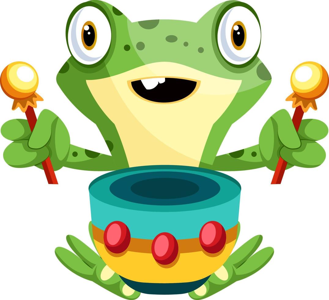 Cheerful, green frog playing drums, illustration, vector on white background.