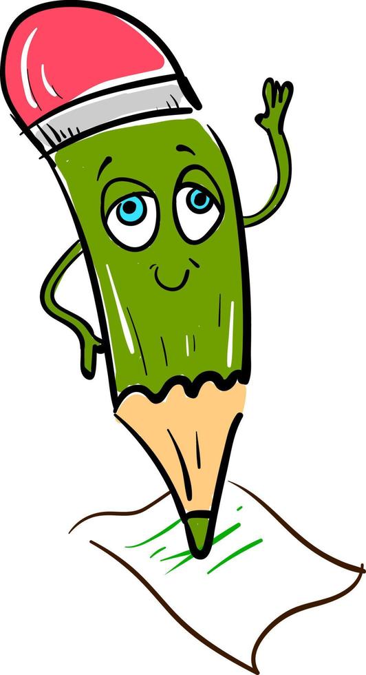A green happy pencil, vector or color illustration.