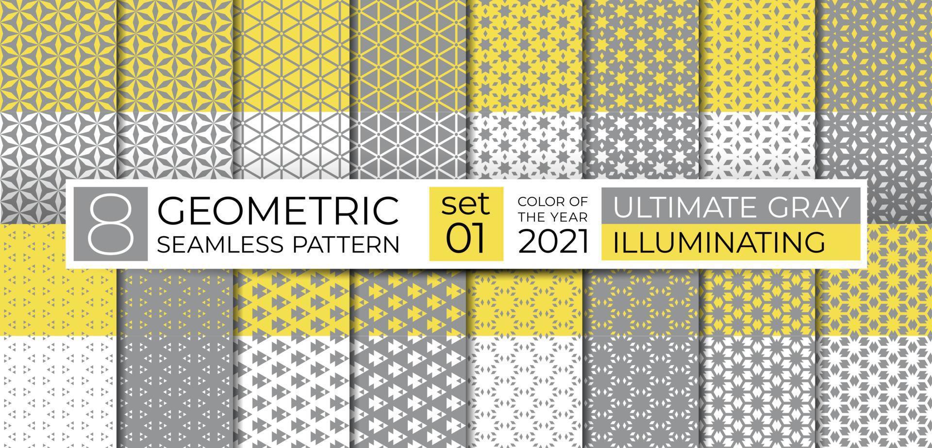 Set of geometric seamless pattern in ultimate gray, illuminating yellow. Ethnic ornament. Repeating abstract texture with line, polygon and star for background, web site backdrop, wallpaper, textile vector