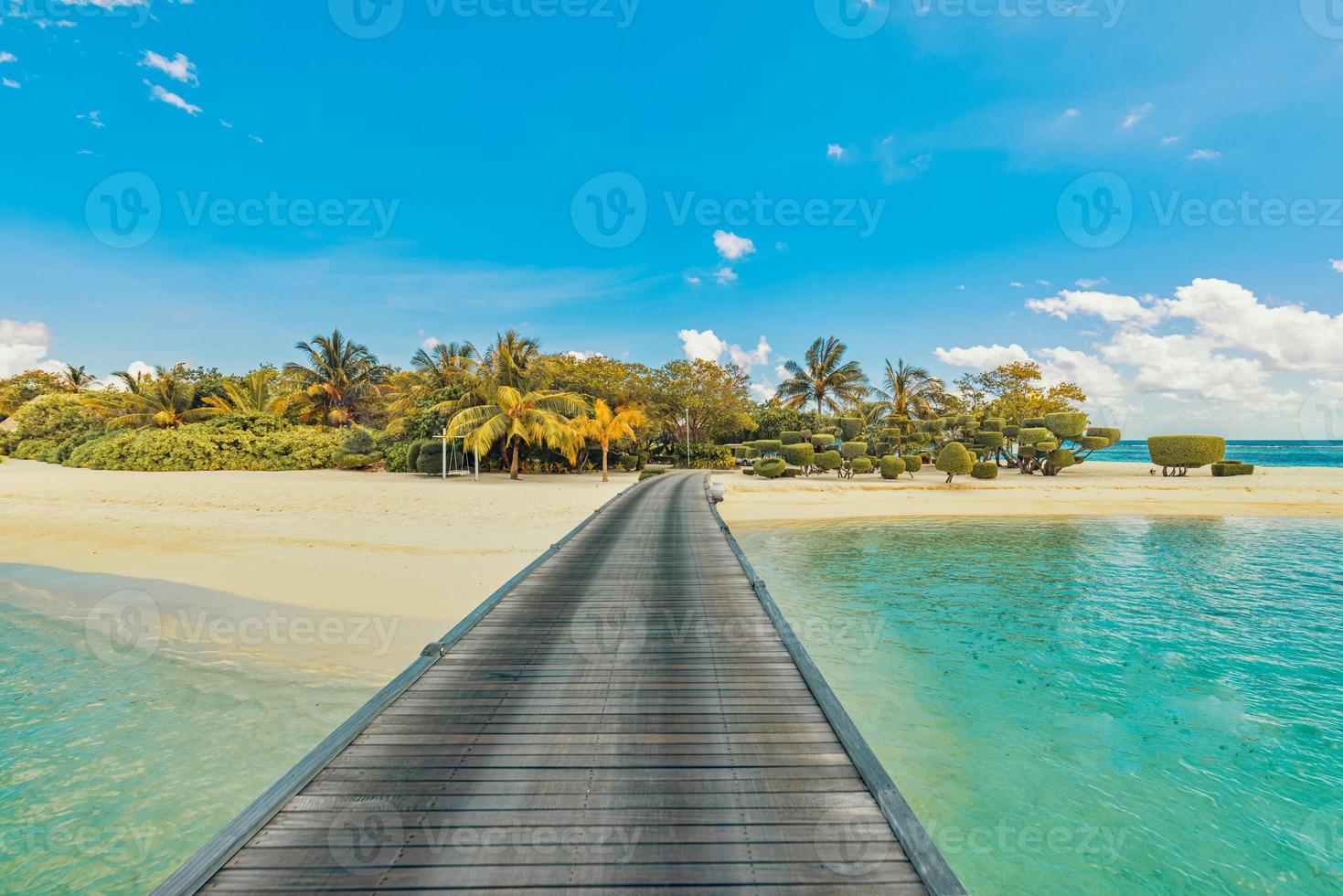Amazing panorama at Maldives. Luxury resort villas pier seascape with palm trees, white sand and blue sky. Beautiful summer landscape. Tropical beach background for vacation holiday. Paradise island photo