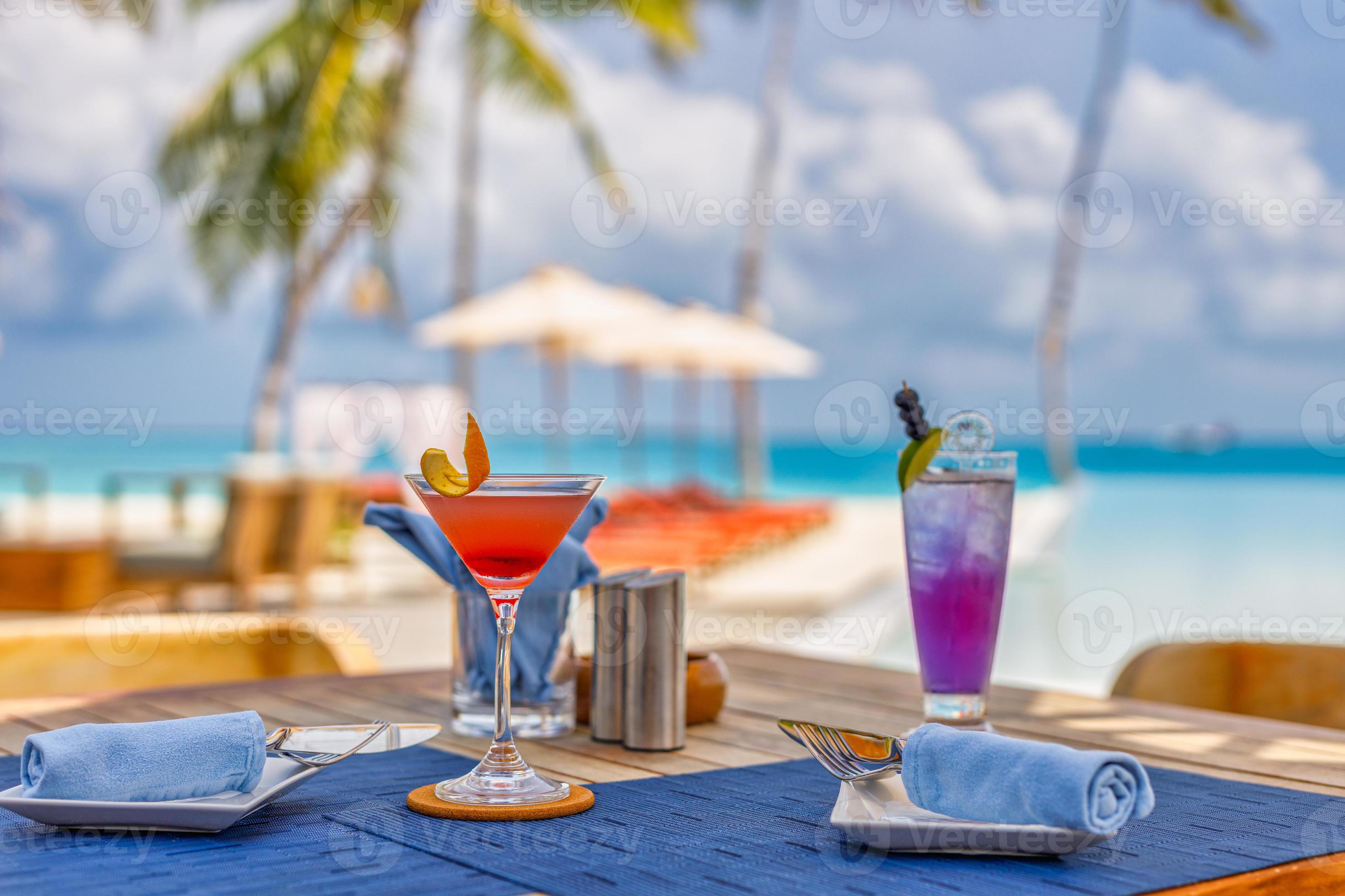 Luxury resort hotel poolside, outdoor restaurant on the beach