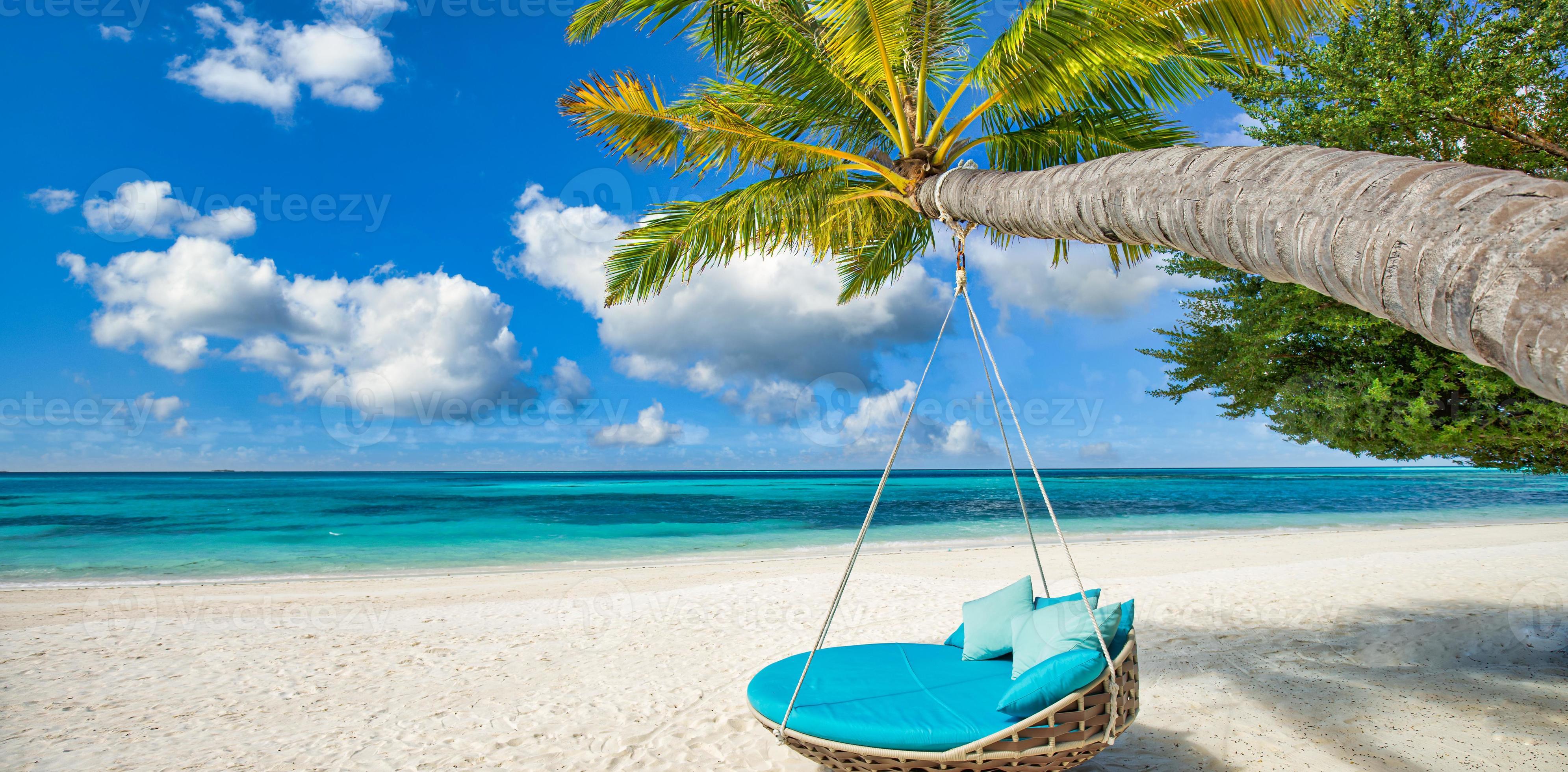 Tropical beach panorama. Summer relax landscape with beach swing, white ...