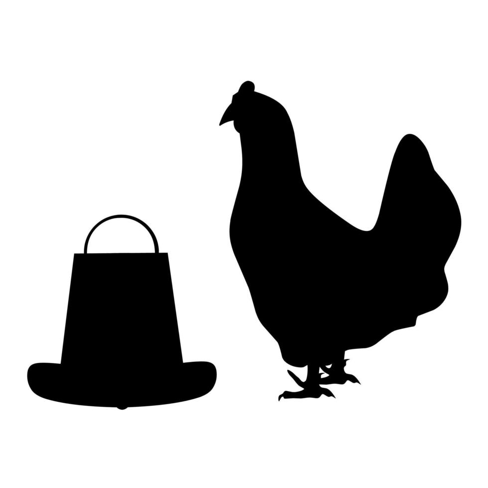 silueta vectorial de un pollo con su soporte de comida sobre un fondo blanco. genial para el logo de la granja de pollos vector