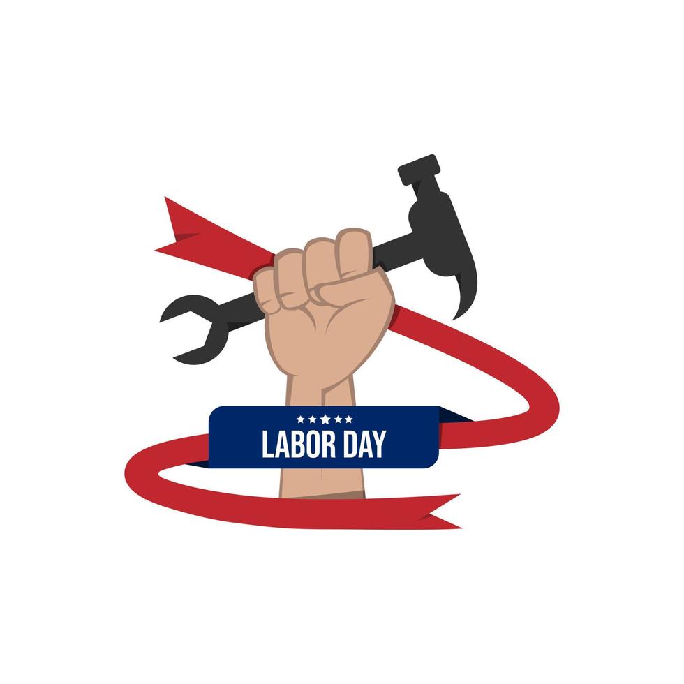 Happy labor day vector label with hand fist isolated on white background