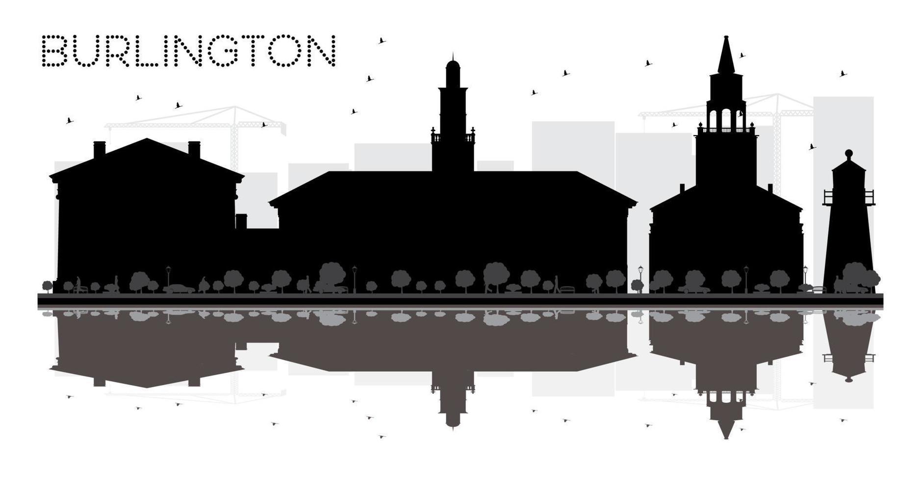 Burlington City skyline black and white silhouette with reflections. vector