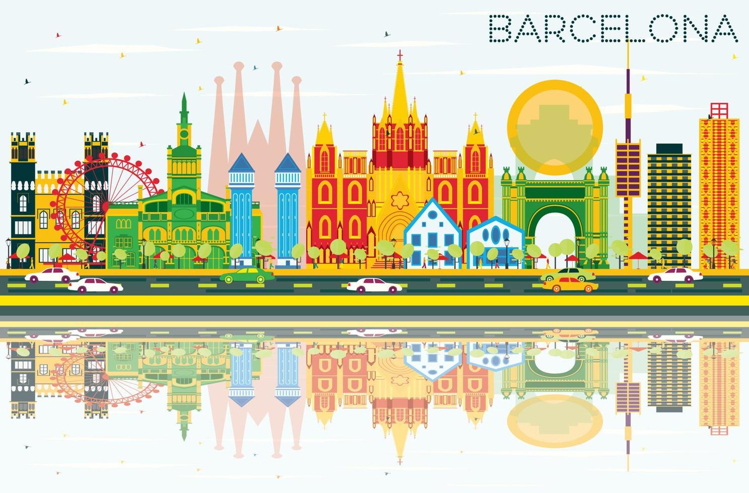 horizonte de barcelona con edificios de color, cielo azul y reflejos. vector