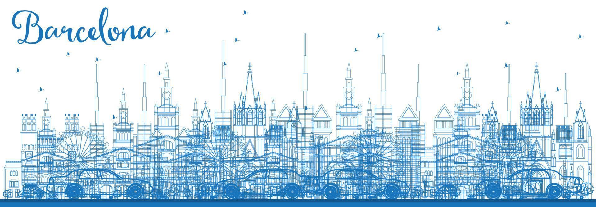 Outline Barcelona Skyline with Blue Buildings. vector