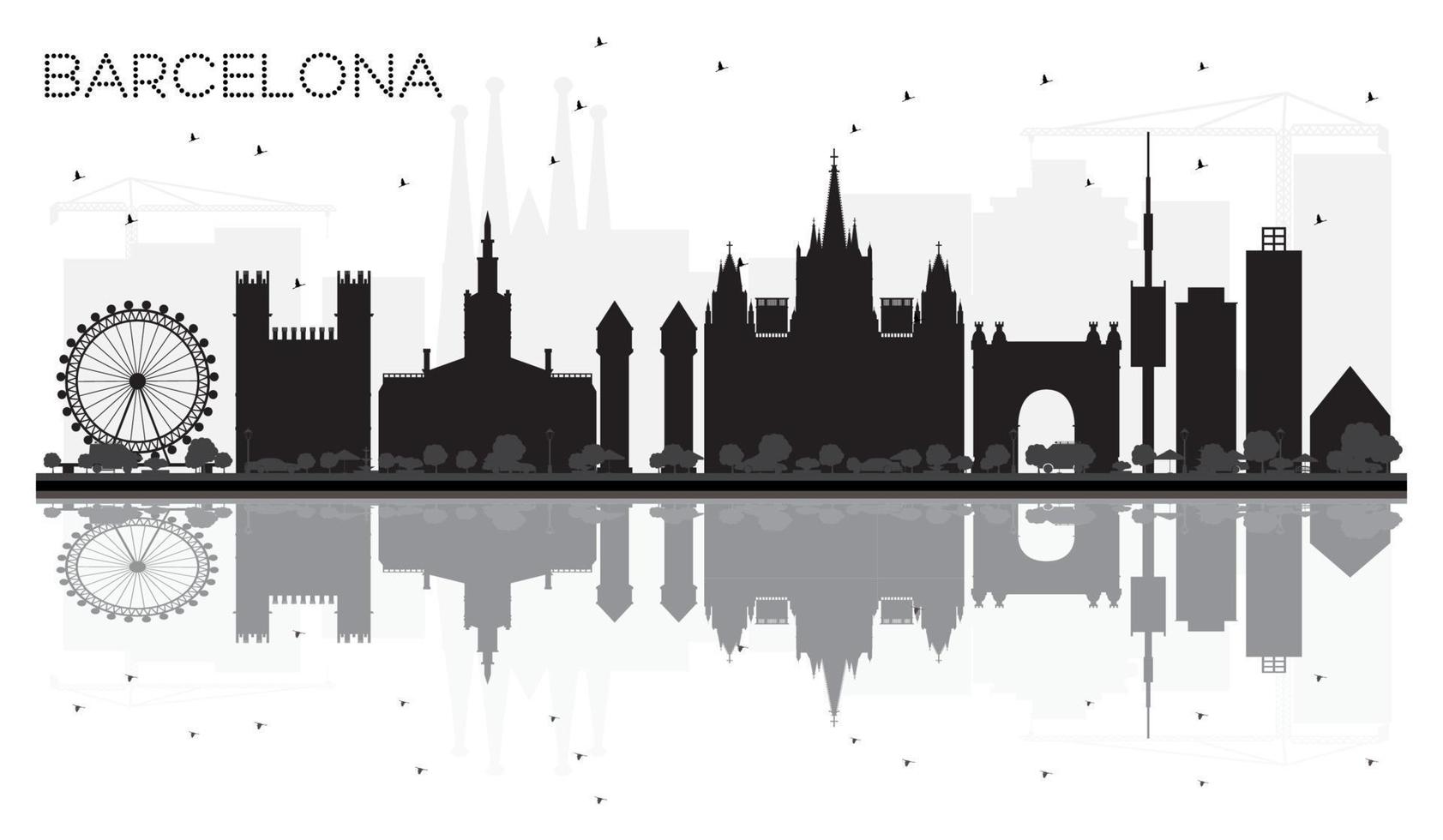 silueta en blanco y negro del horizonte de la ciudad de barcelona con reflejos. vector