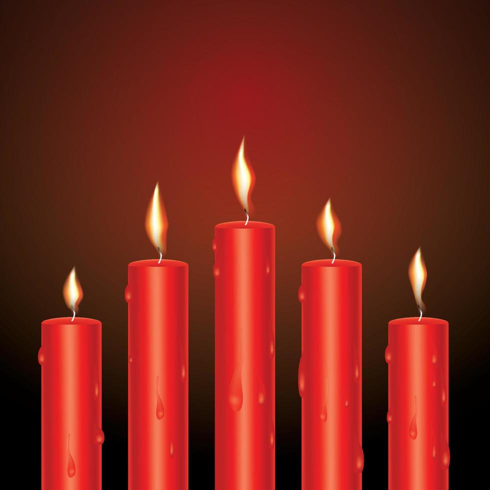 Realistic Red Glowing Candles with Melted Wax. vector