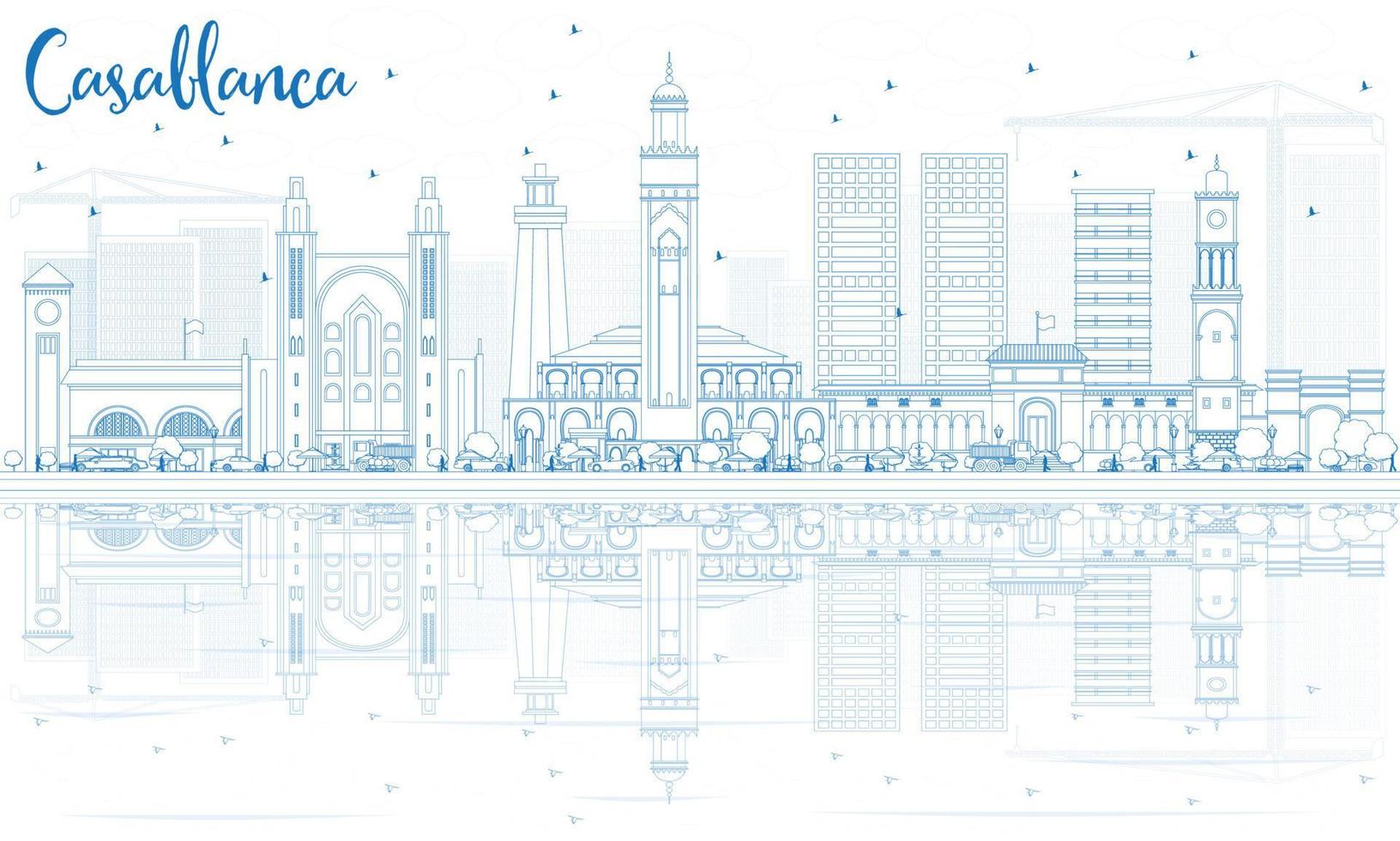 Outline Casablanca Skyline with Blue Buildings and Reflections. vector