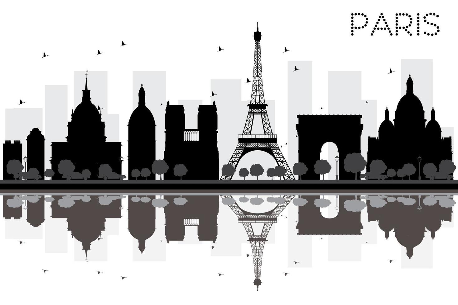 Paris City skyline black and white silhouette with reflections. vector