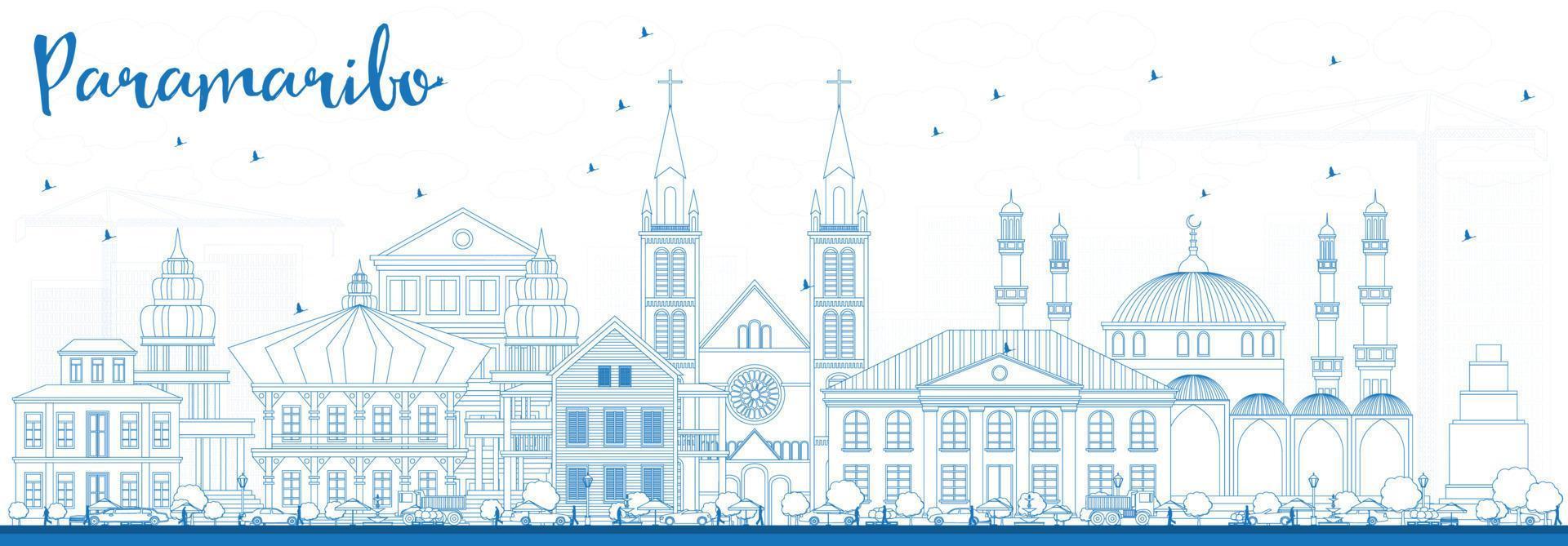 delinear el horizonte de paramaribo con edificios azules. vector