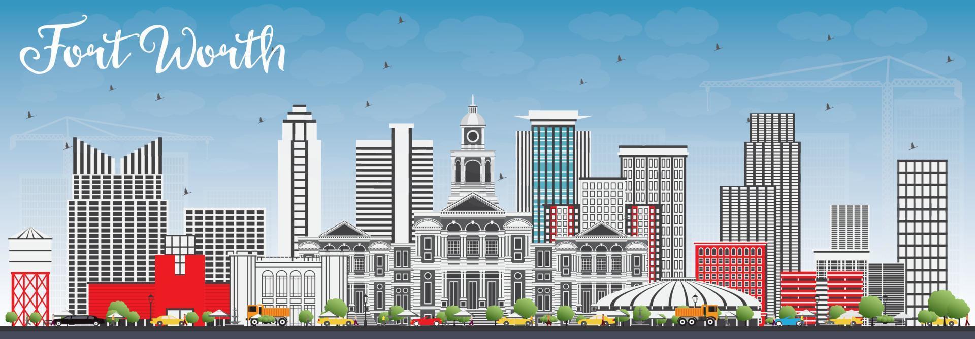 Fort Worth Skyline with Gray Buildings and Blue Sky. vector