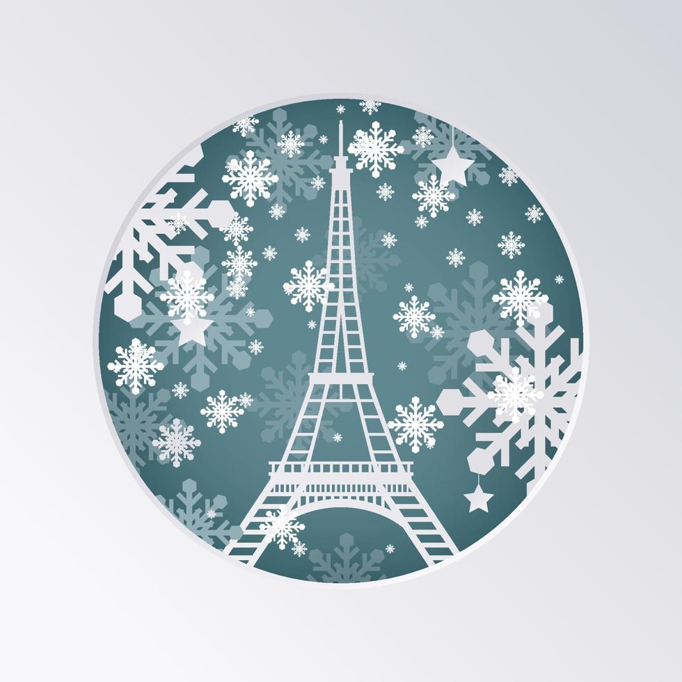 tarjeta de felicitación navideña cortada en papel con la torre eiffel en parís, francia. ilustración vectorial concepto de feliz año nuevo con copos de nieve. vector