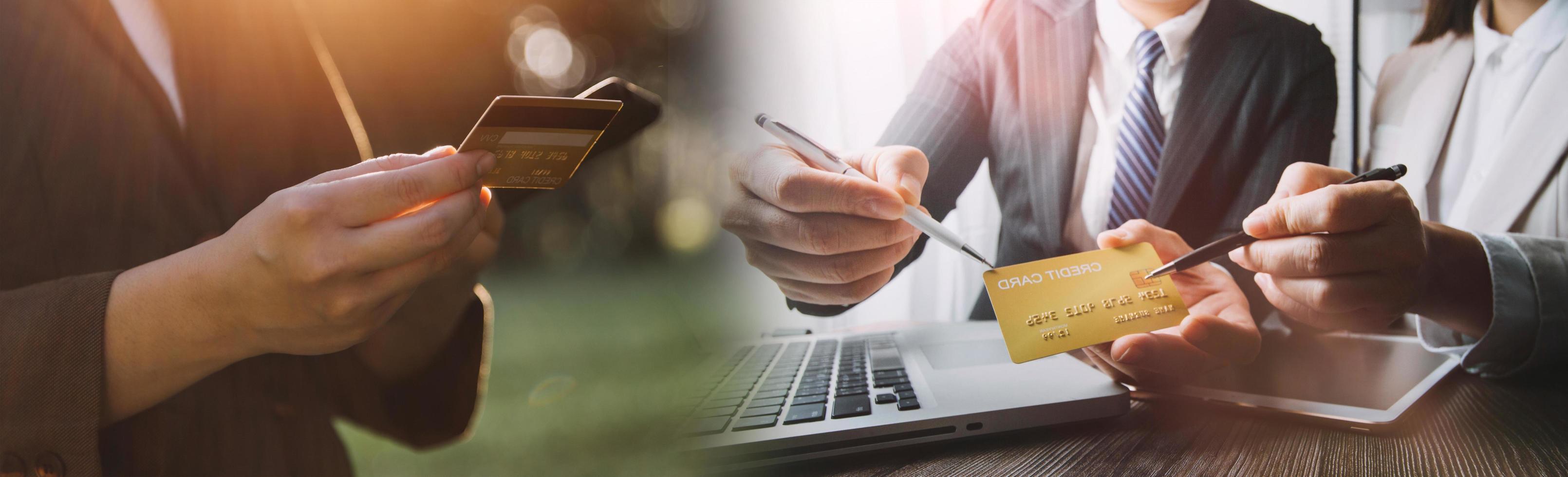 Woman hands holding and using cradit card for shopping online. photo