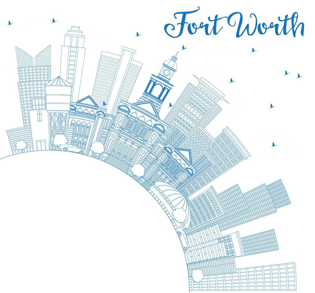 Outline Fort Worth USA Skyline with Blue Buildings and Copy Space. vector