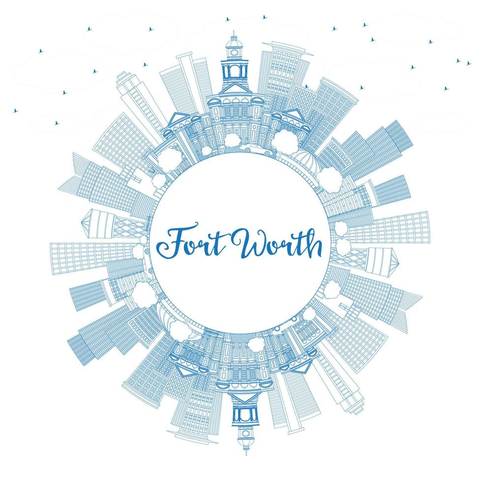 Outline Fort Worth USA Skyline with Blue Buildings and Copy Space. vector