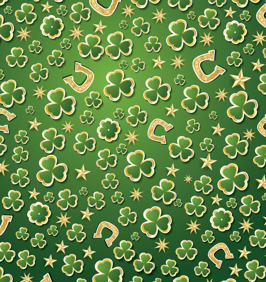 fondo del día de san patricio con trébol, estrellas doradas y herradura. vector