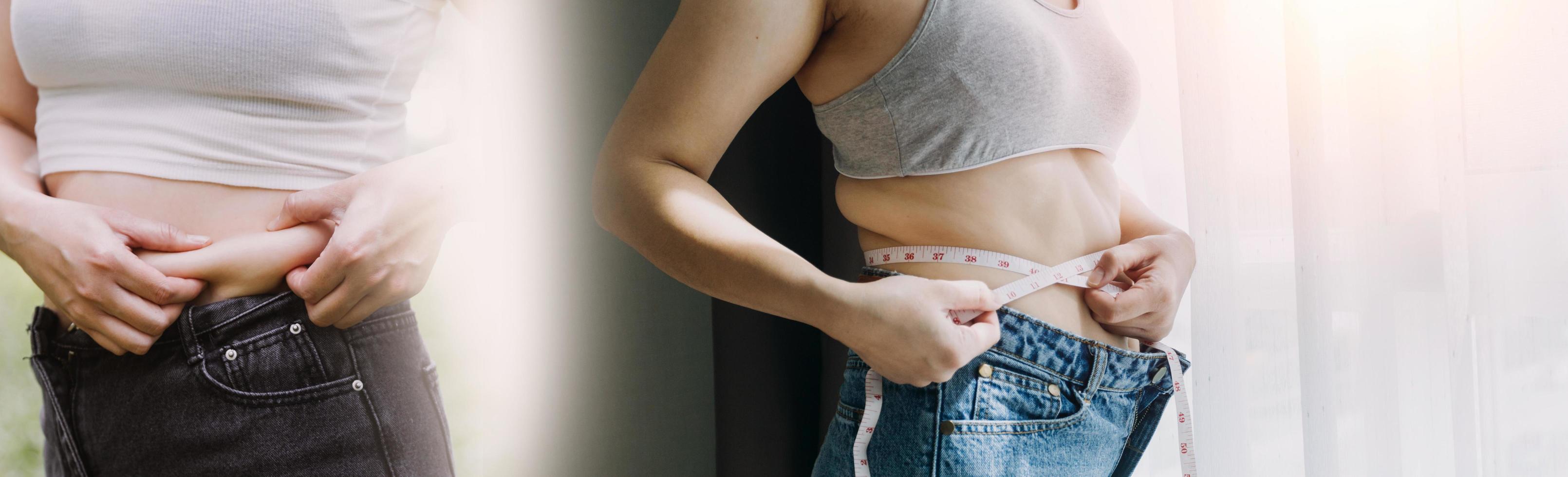 Beautiful fat woman with tape measure She uses her hand to squeeze the excess fat that is isolated on a white background. She wants to lose weight, the concept of surgery and break down fat under the photo