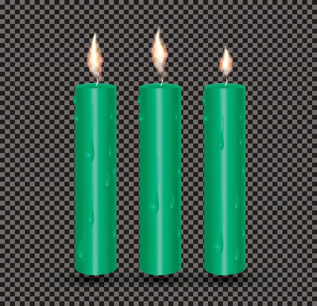 Realistic Green Glowing Candles with Melted Wax. vector