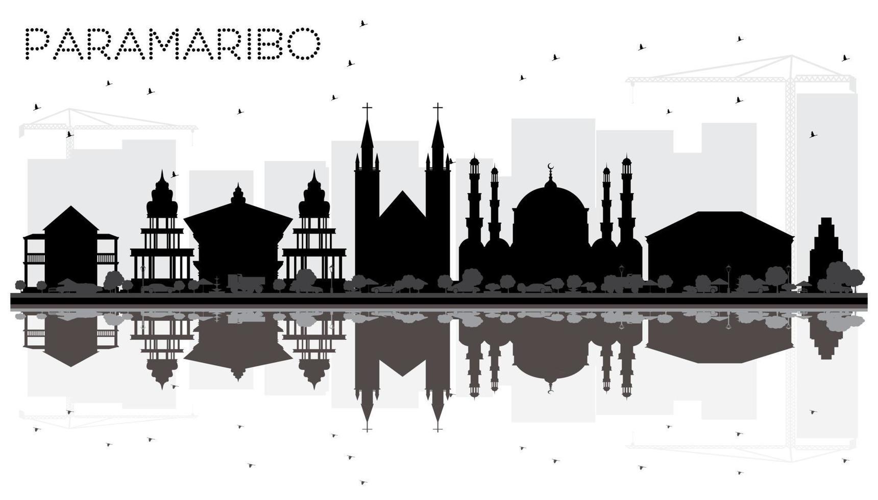 Paramaribo Suriname City skyline black and white silhouette with Reflections. vector