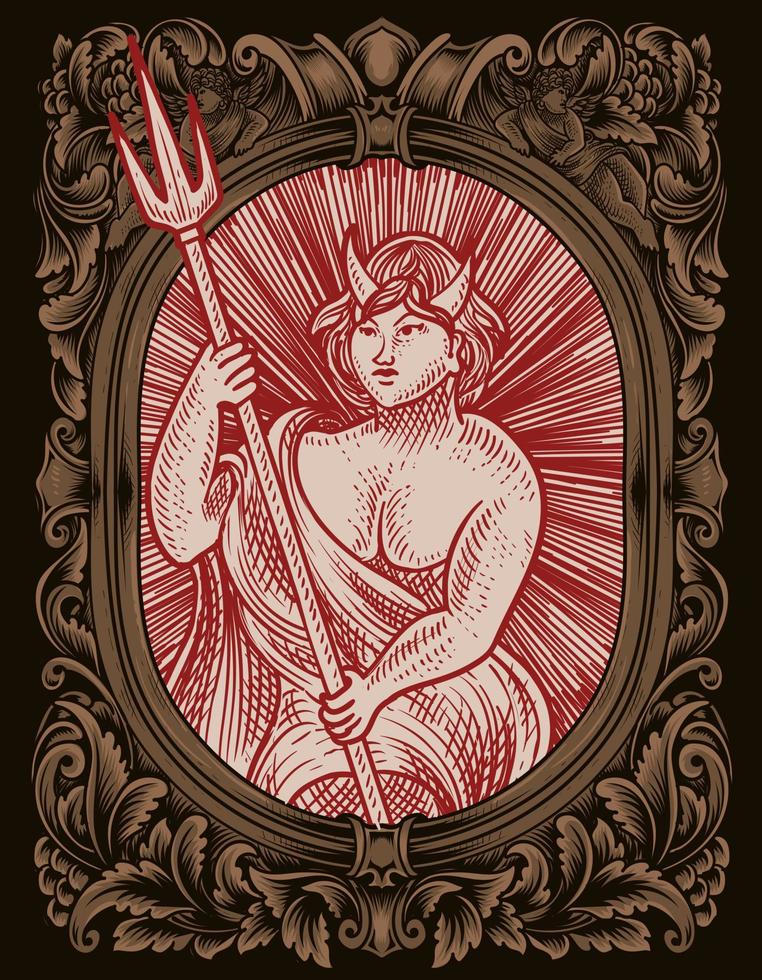 ilustración, luchifer, diablo, en, vendimia, grabado, ornamento, marco vector