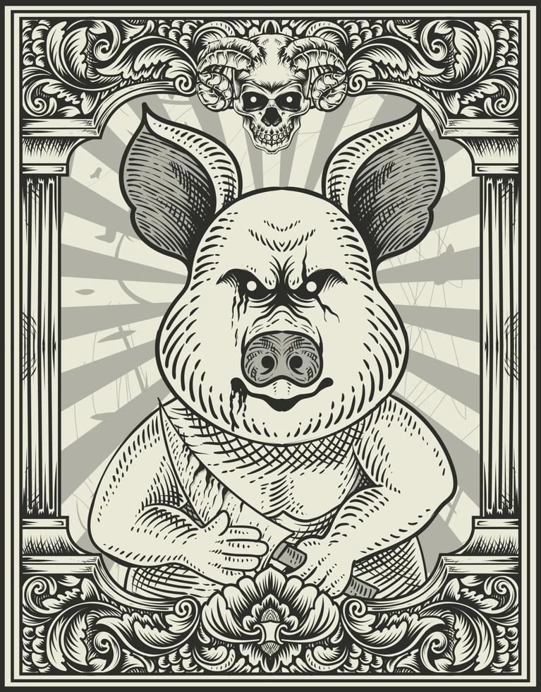 illustration vintage psychopath pig with engraving style vector