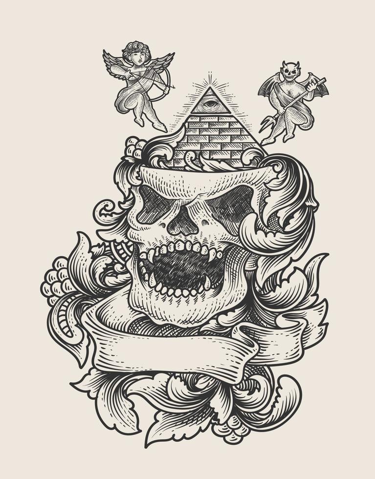 ilustración, cráneo, illuminati, con, vendimia, grabado, ornamento vector