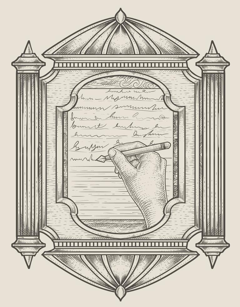 illustration antique hand writing with engraving style vector
