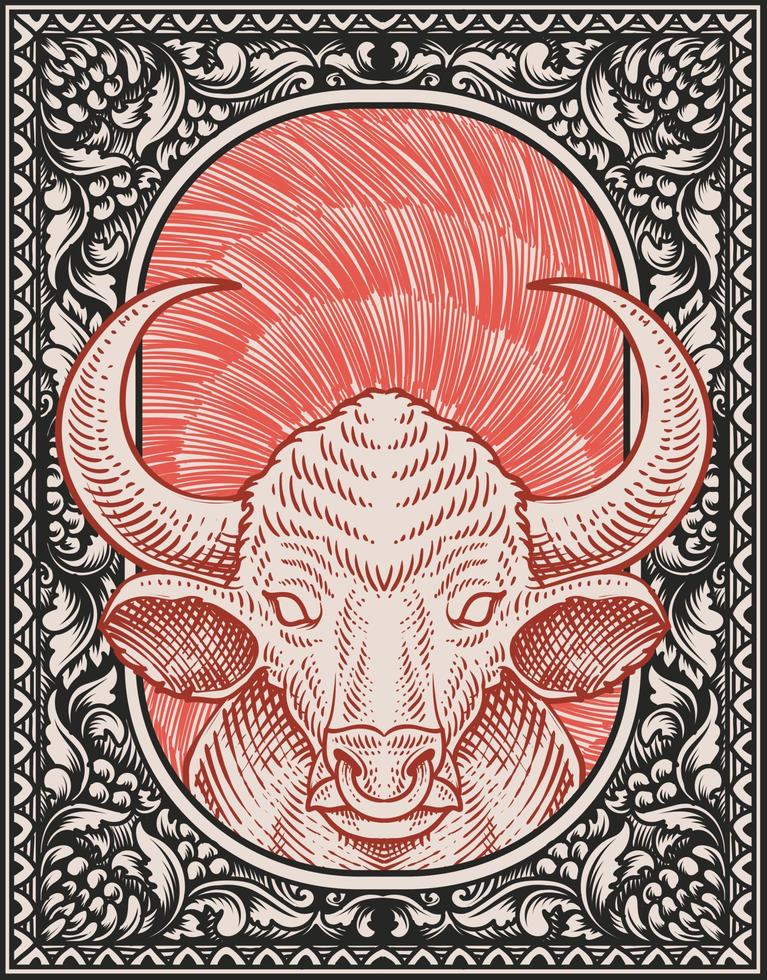 illustration vintage bull with engraving style vector