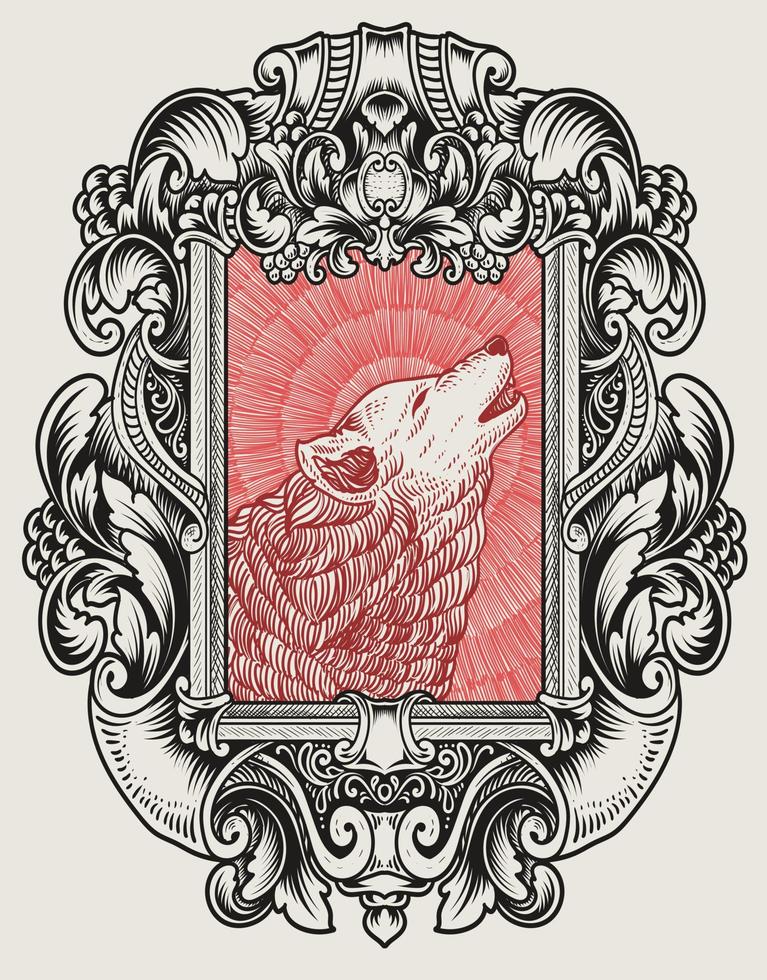 illustration vintage wolf with engraving style vector