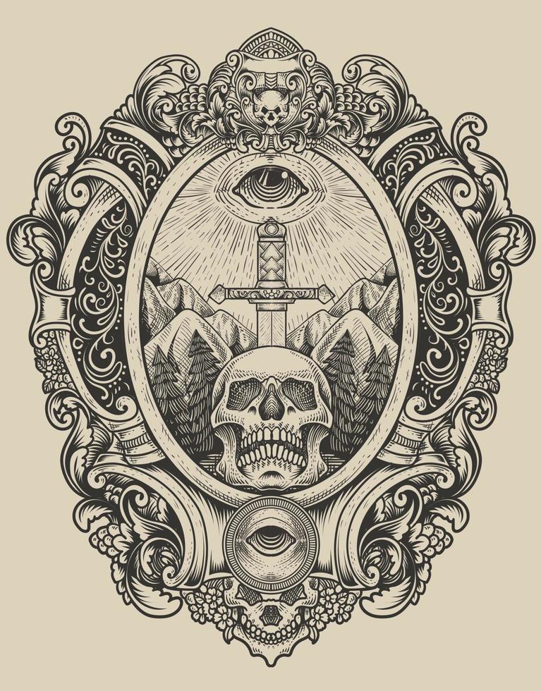 illustration antique skull sword with dark eyes engraving style vector