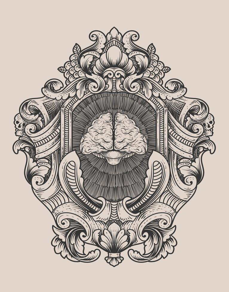 illustration antique brain with engraving style vector