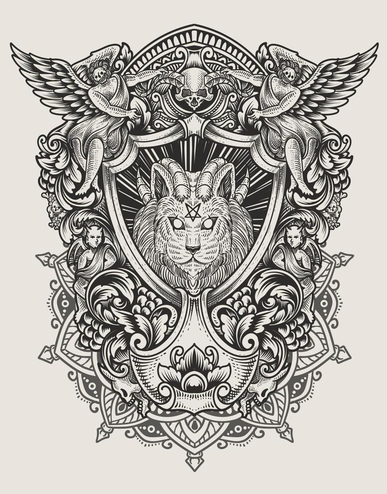 illustration vintage demon cat with engraving style vector