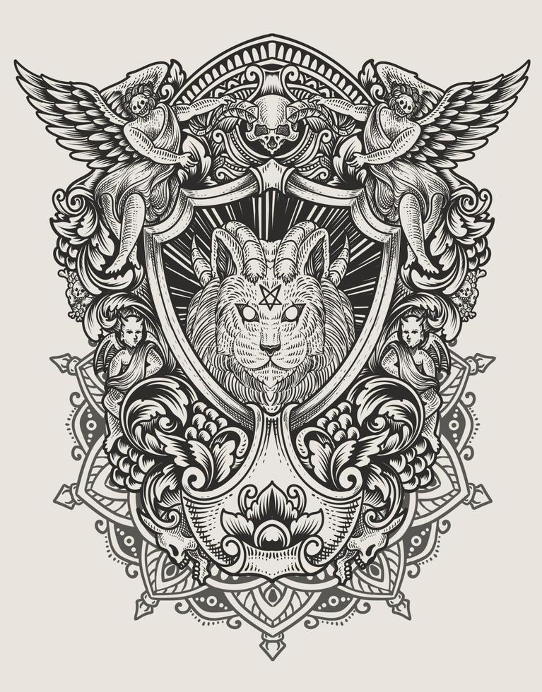 illustration vintage demon cat with engraving style vector