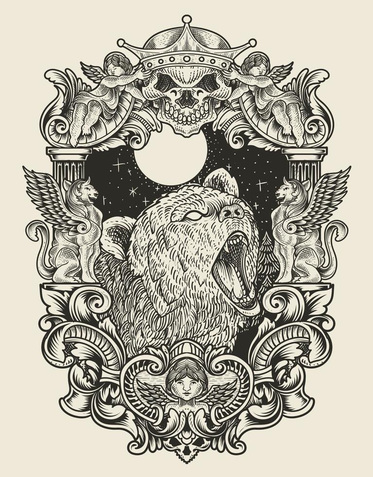 illustration vintage grizzly bear with engraving style vector