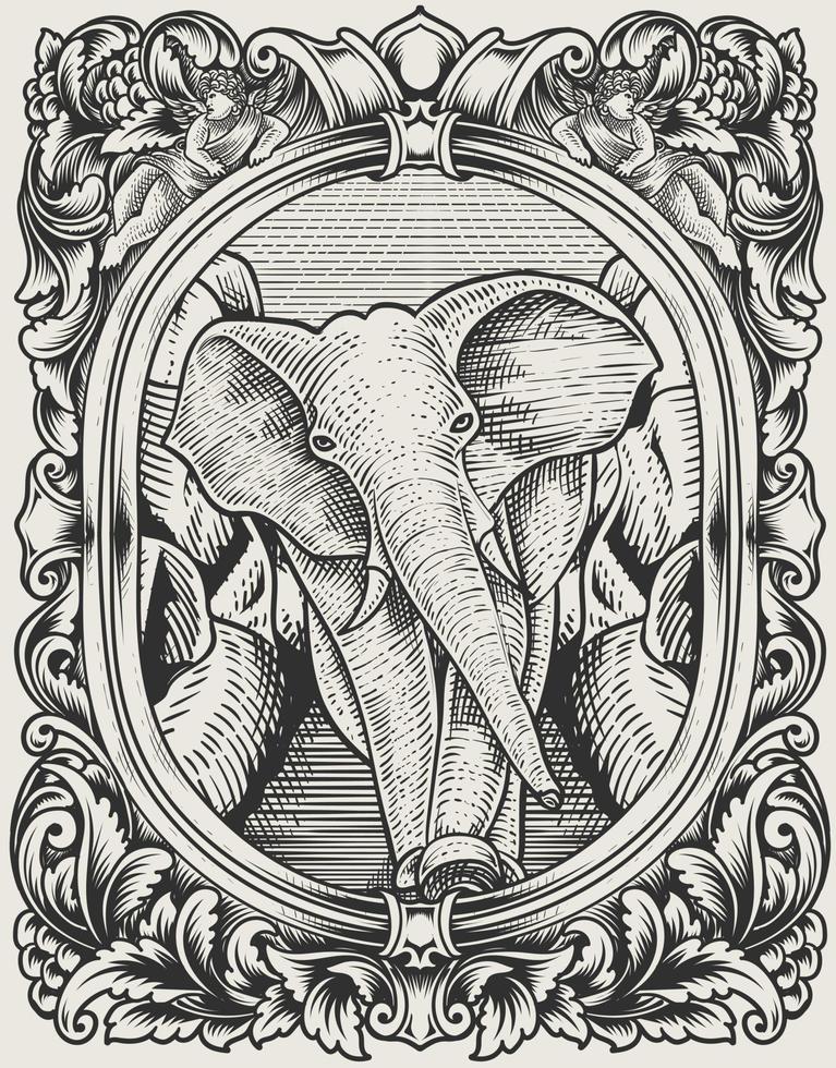 illustration vintage elephant with engraving style vector