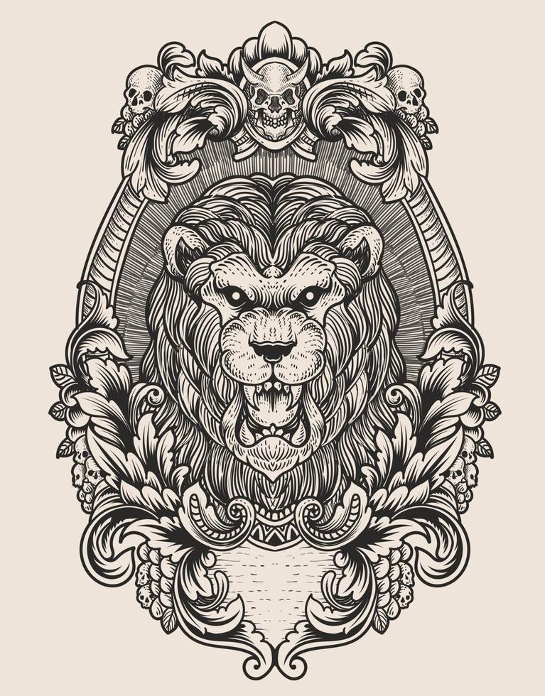 illustration vintage lion with engraving style vector