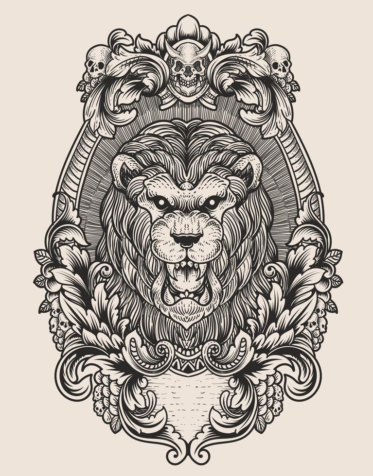 illustration vintage lion with engraving style vector