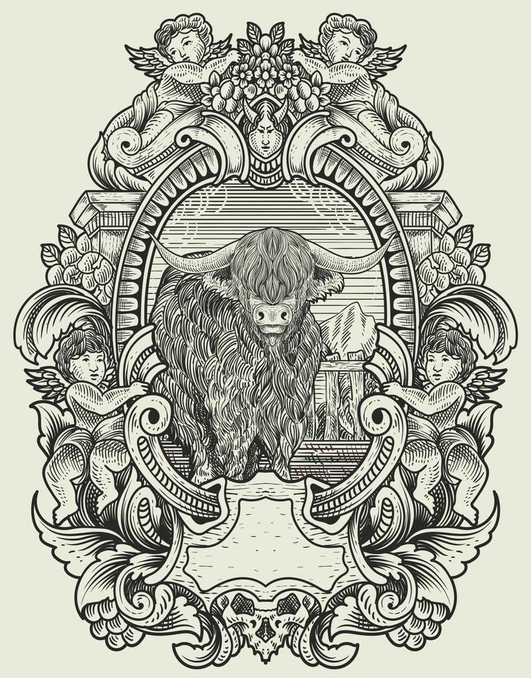 illustration vintage bull with engraving style vector