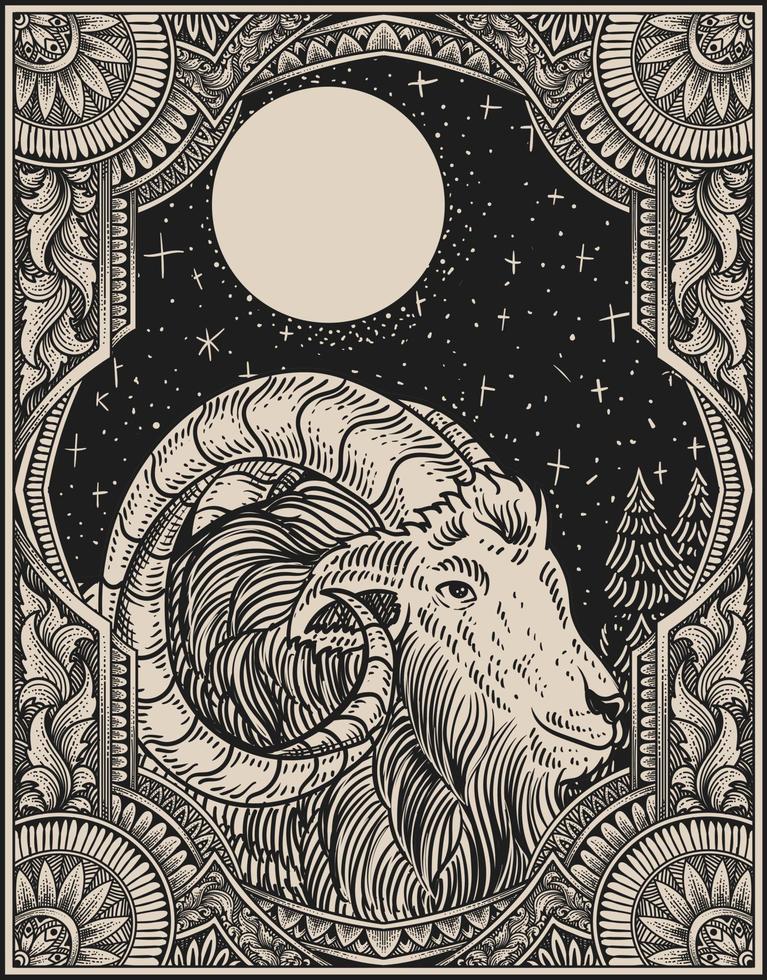 illustration vintage goat with engraving style vector