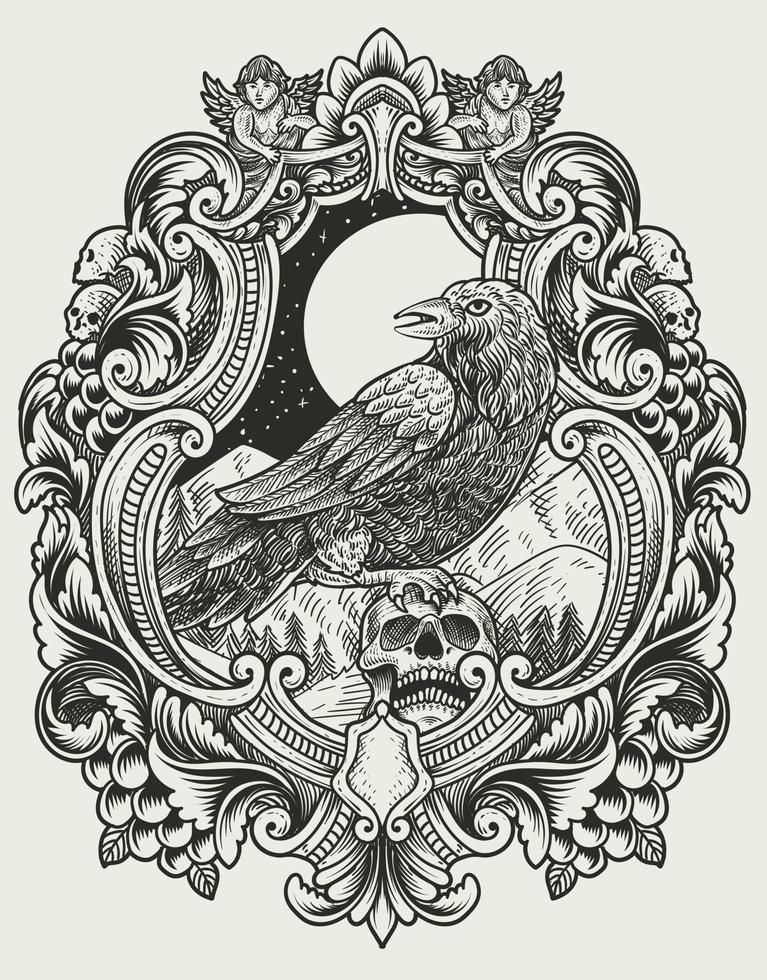 Ilustración vintage cuervo aterrador con estilo de grabado vector